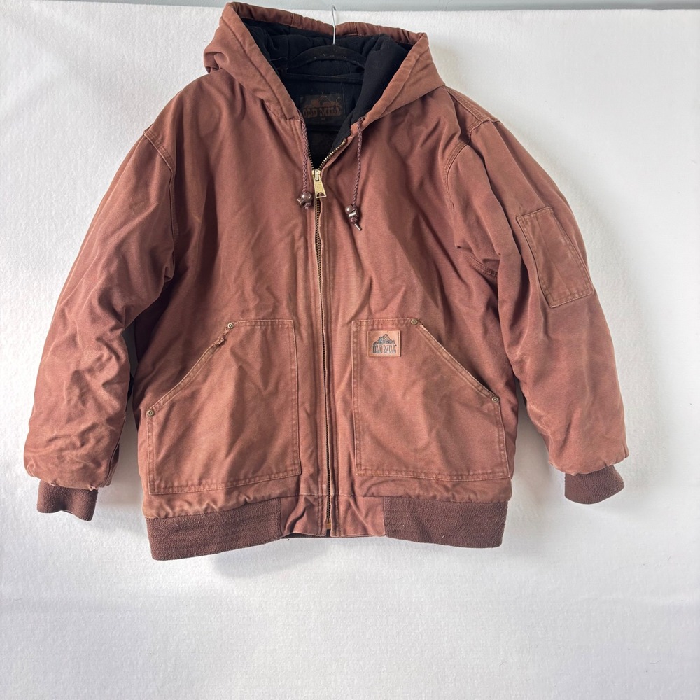 Old Mill Mens Brown Canvas Hooded Work Jacket Fleece Lined Size Medium